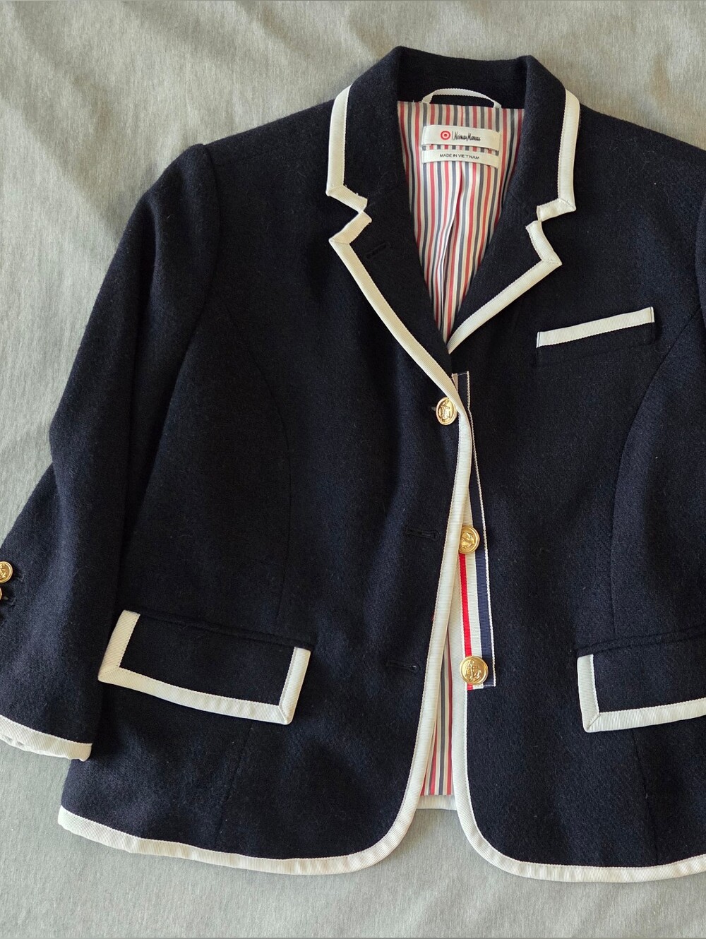 Neiman Marcus X Target Womens Navy Blazer White Trim Striped Lining Thom Browne
